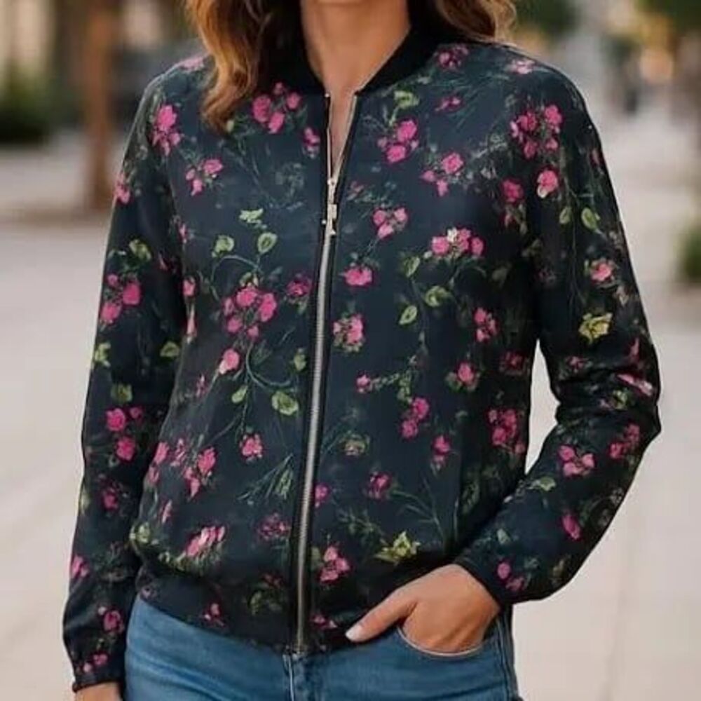Signature Weekend Black Floral Zip-Up Snap Front Pockets Windbreaker Jacket S